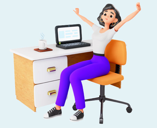 Web4all - девушка в 3D сидит за рабочим столом перед комьютером потягиваясь