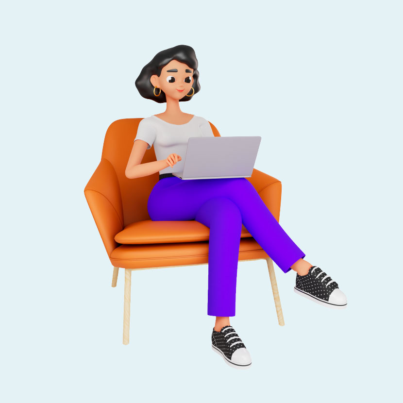 Web4all - девушка в 3D сидит в кресле закинув ногу на ногу и держа на коленях ноутбук