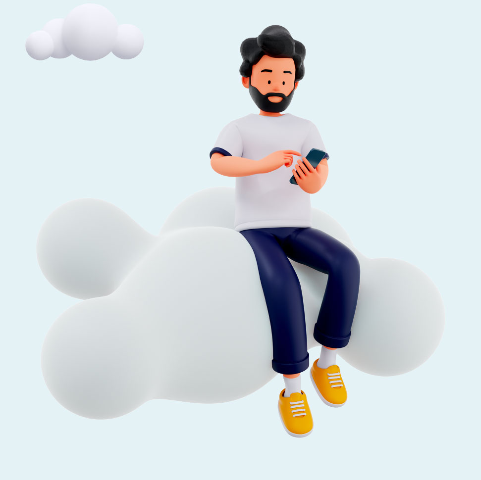 Web4all - мужчина в 3D сидит на облаке и тыкает в смартфон