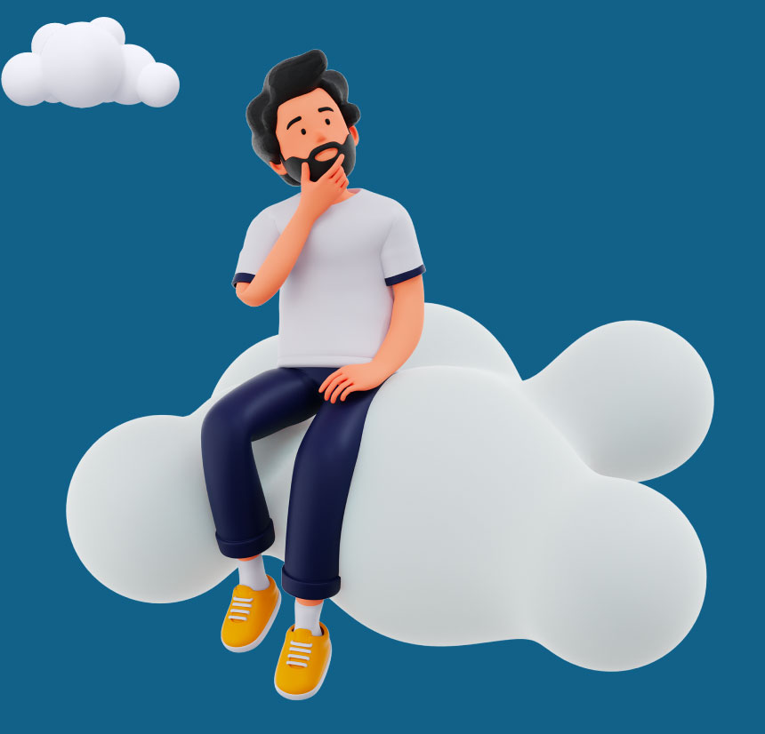 Web4all - мужчина в 3D сидит на облаке задумавшись