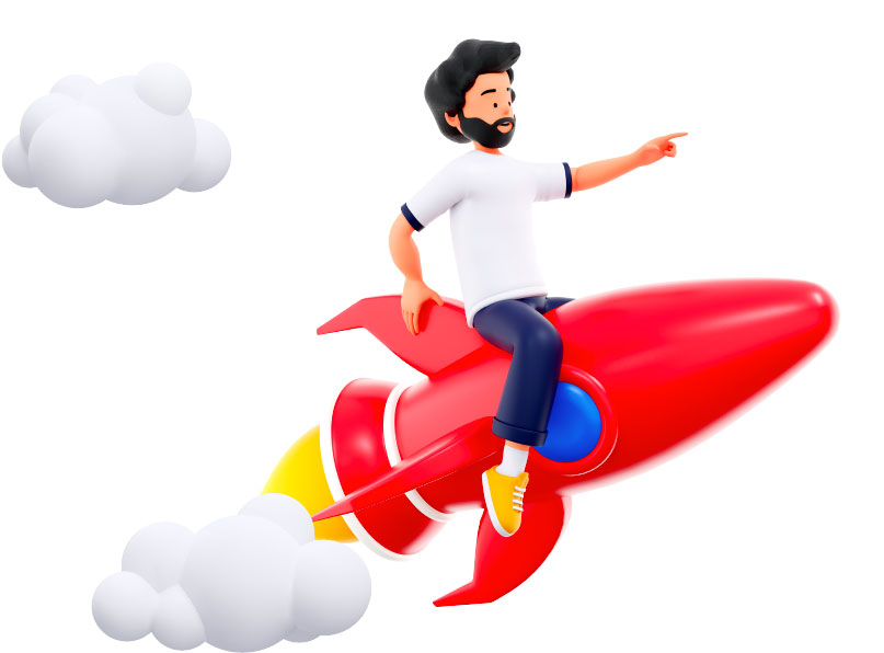 Web4all - мужчина в 3D сидит верхом на красной ракете, выставив вперед руку с указательным пальцем