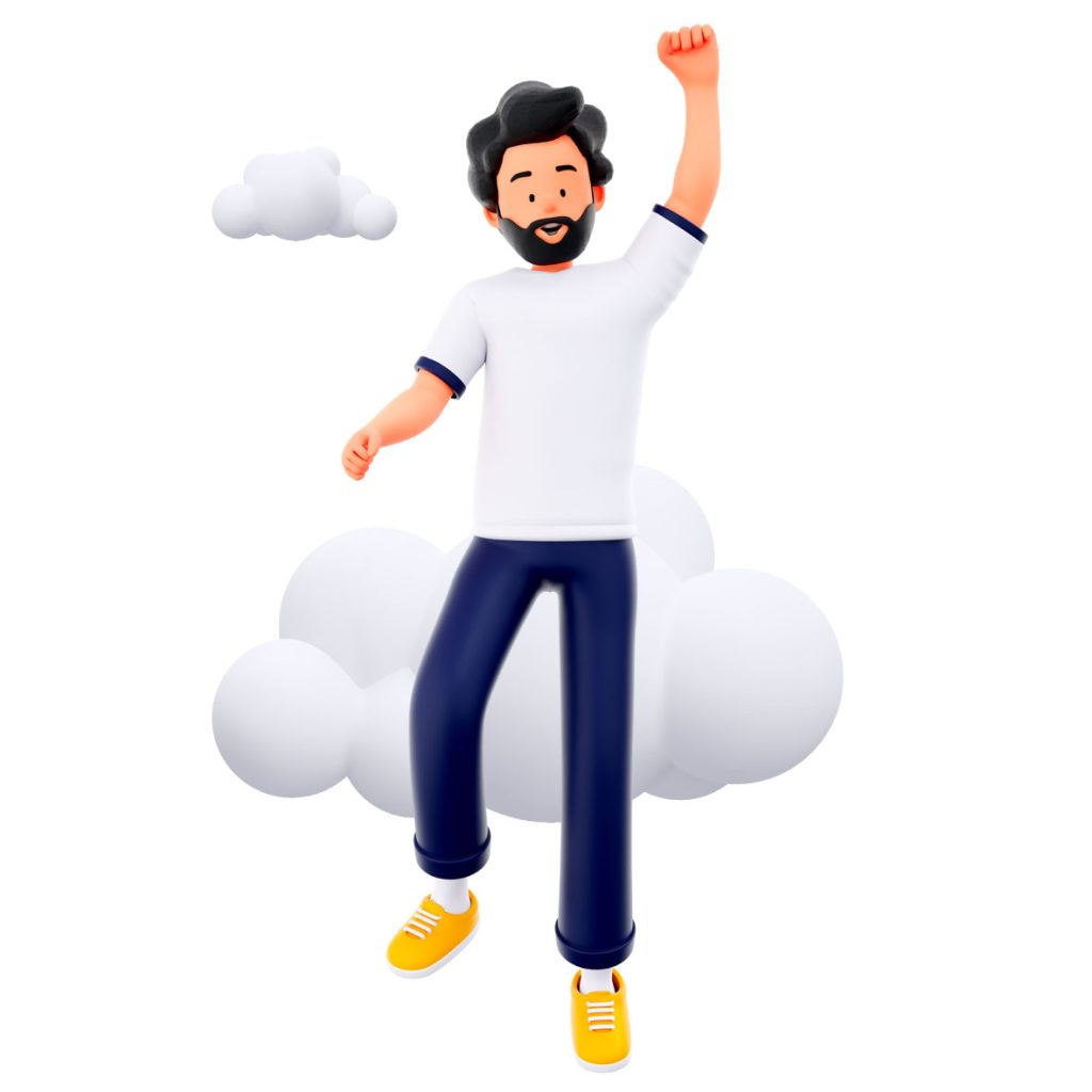 Web4all - мужчина в 3D на фоне облаков с поднятой вверх рукой со сжатым кулаком